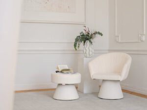 Armchair and table set from the Essenza Boucle Sand Cream collection