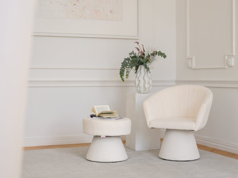 Armchair and table set from the Essenza Boucle Sand Cream collection