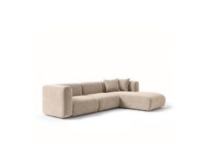 Modułowa sofa narożna prawostronna SORISSO w odcieniu jasnego beżu, urządzona w minimalistycznym stylu.